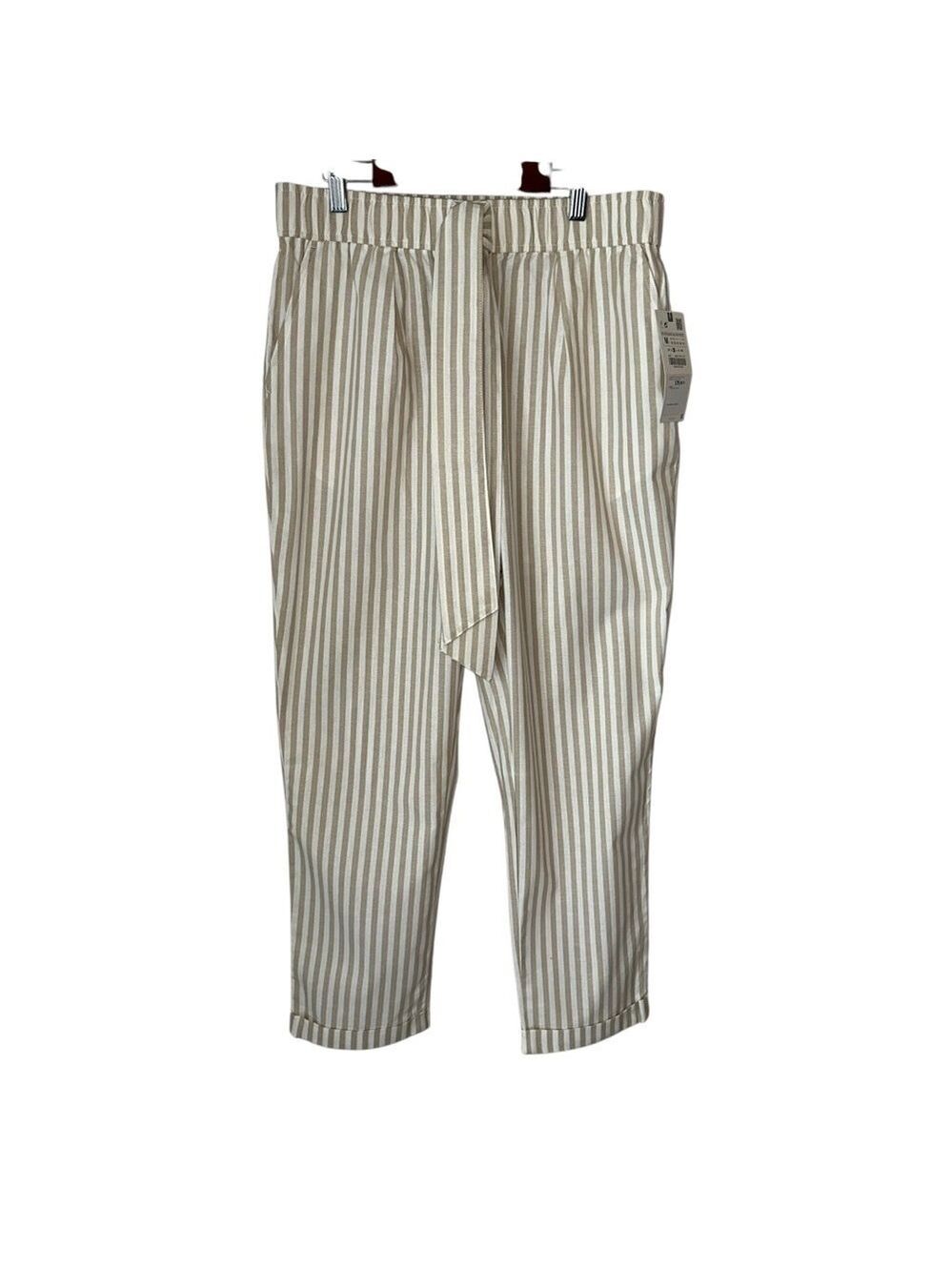 Zara Women's Cream and White Front Tie Striped Pull On Pants Size Medium